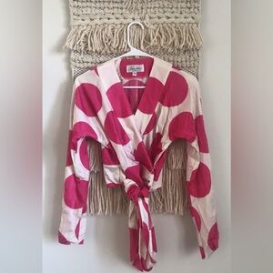 PAULA HIAN Signature Wrap Long Sleeve Top Cropped Polka Dot Pink White Retro